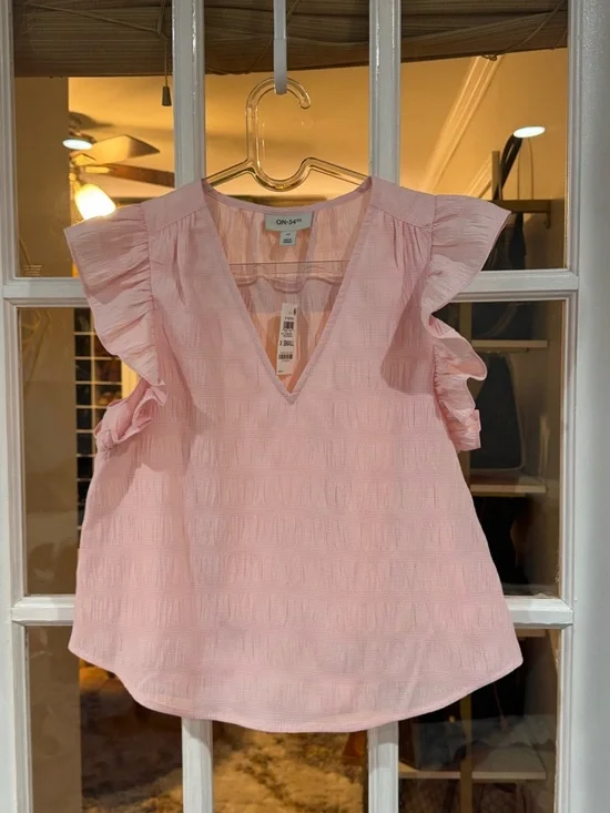 On 34th Light Pink V-Neck Ruffle Sleeve Blouse - Picture 2 of 4
